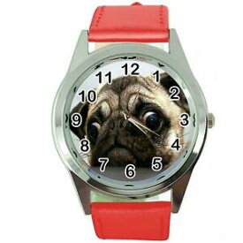 【送料無料】腕時計　パグスチールレッドレザークォーツアナログウォッチpug dog lover friend steel red leather quartz analog watch uhr reloj