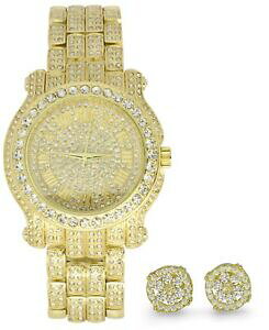 �y���������z�r���v�@�����Y�A�C�V�[�E�H�b�`�C�������O�R���{�Z�b�g�S�[���h���b�L�e�N�m�p���F���b�p�[�q�b�v�z�b�v�W���G���[mens icy watch earring combo set gold plated techno pave rapper hip hop