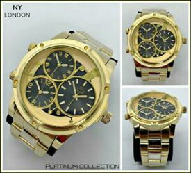 【送料無料】腕時計　メンズラーサイズタイムゾーンラウンドゴールドラグジュアリーファッションmens large oversized 3 time zones round gold luxury fashion wrist watch 56mm