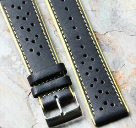 【送料無料】腕時計　イエローストライプマットレザーレーシングウォッチストラップエッジステッチyellow stripes matte leather 22mm racing watch strap w yellow edges amp; stitching