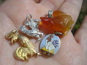 yzWG[EANZT[ y_gVo[R[Cv[gob`beau lot de 4 pendentifs coq anciens argent plaque email cornaline