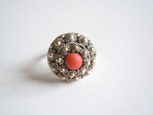 �y���������z�W���G���[�E�A�N�Z�T���[ �R�[���������Y�V���o�[�����Ovieux certifie filigrane bague argent avec corail forme de lentille 6,1 ggr59