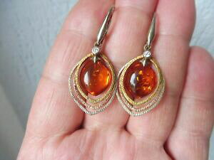 yzWG[EANZT[ COS[fVo[Ao[tres belle ,vieux boucles doreilles __ 925 argent dore, avec ambre