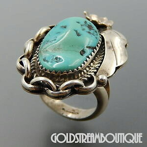 yzWG[EANZT[ Be[WVo[X^[OI[o^[RCYtFU[t[{[gTCYOvintage argent sterling ovale turquoise plume fleur nautique taille bague 6