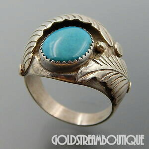 yzWG[EANZT[ Be[WVo[X^[O^[RCYtFU[z[XTCYOvintage argent sterling turquoise plumes chevauche taille bague 1175