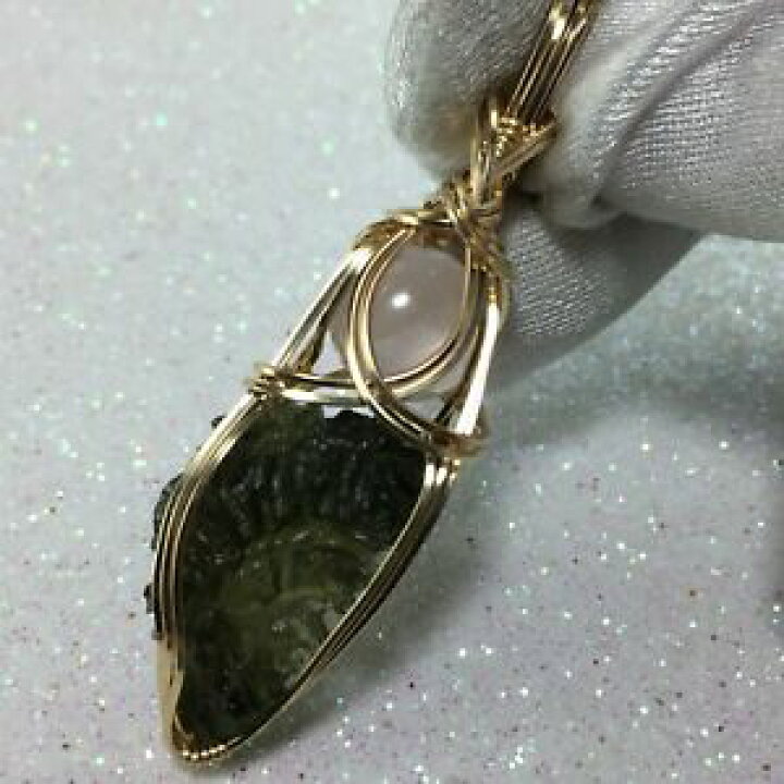 Pendentif Moldavite & Quartz Rose Sur Or 14k - Pierre Tchèque Naturelle, Chakra