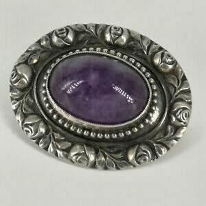yzWG[EANZT[ oAWXgJ{VA[k[{[Vo[u[`antique art nouveau broche en argent avec roses et grand amethyste cabochon