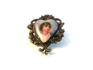 yzWG[EANZT[ Be[WVo[X^[O~j`ACyCg|[g[gn[gub`Fvintage argent sterling miniature main peint portrait coeur broche