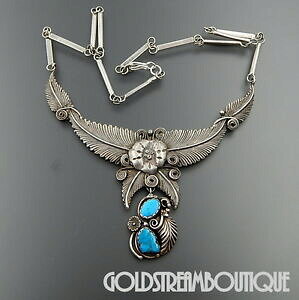 yzWG[EANZT[ Be[WiozVo[X^[O^[RCYt[tFU[lbNXvintage navajo argent sterling turquoise fleur plumes collier 508cm