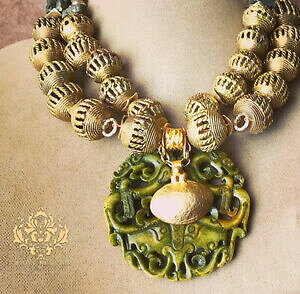 yzWG[EANZT[ lbNXrbOO[I[uWFChAtJp[S[hcollier imposant gros vert olive jade afrique sculpte manuellement perles 22k or