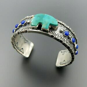 yzWG[EANZT[ ChCX^[OVo[^[RCYxAsXYX^vJtuXbgfait main sterling argent turquoise ours lapis lazuli estampe manchette bracel