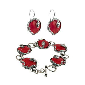 yzWG[EANZT[ Vo[X^[OWG[COuXbgbhR[Zbgargent sterling 925 bijoux boucles doreilles et bracelet ensemble rouge corail