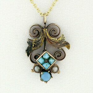 yzWG[EANZT[ rNgAI[vS[ht[p[^[RCY@GRA[antique victorien 14k or ouvert floral perle turquoise lavalier collier