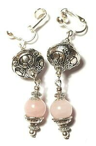 yzWG[EANZT[ Vo[[YNH[cNbv`xbgKXlongue argent rose quartz avec clip oreilles goutte pendantes verre tibetain