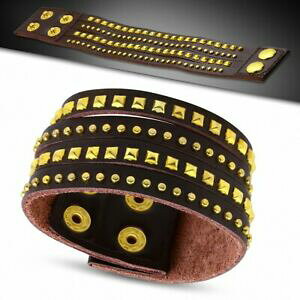 �y���������z�W���G���[�E�A�N�Z�T���[ �s���~�b�h�u���X���b�gbracelet en cuir veritable marron dore avec pyramide et cercle rond et clou rond