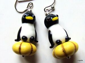 在庫限り ジュエリー・アクセサリー ペンギンイヤリングカボチャビーズガラスboucles doreilles pingouins noir blanc en verre artisanal sur perle citrouille