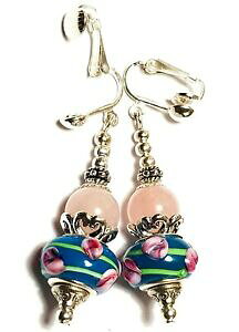 yzWG[EANZT[ ^[RCYOXNbvOrbOVo[[YNH[clong gros argent rose quartz avec clip oreilles goutte pendantes turquoise verre