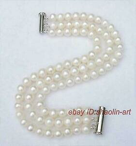 yzWG[EANZT[ J`[r[YuXbg78mm, 3 rangee, blanc, perle de culture, bracelet ,19cm