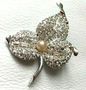 �y���������z�W���G���[�E�A�N�Z�T���[ �S�[���h�V���o�[���C���X�g�[���V���o�[�g�[���u���[�`�p�C��broche vintage strass argente silvertone brooch pin 5,8cm feuille etat neuf