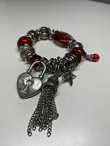 �y���������z�W���G���[�E�A�N�Z�T���[ ���B���e�[�W�u���X���b�g�I�[���h���b�h�V���o�[�u�����P�Xbracelet vintage ancien a breloques argente rouge j 107