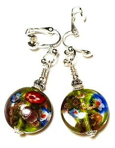yzWG[EANZT[ OO[~tBI[Vo[NbvC[Yhbvp[y_g{{long vert millefiori argent avec clip oreilles goutte perle pendantes bobo