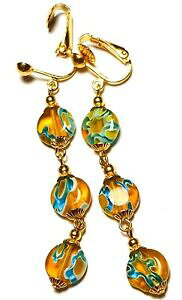 yzWG[EANZT[ ~tBI[s`KXnMOhbvtres longue or jaune millefiori pince oreilles verre perle goutte pendantes