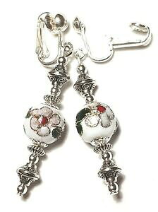 yzWG[EANZT[ NbvO[ey_gBe[WVbNlongue argent blanc cloisonne avec clip oreilles goutte pendantes vintage chic