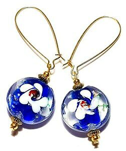 �y���������z�W���G���[�E�A�N�Z�T���[ �y���_���g�K���X�p�[���W�v�V�[�V�b�N�{�{tres longue or bleu blanc oreilles goutte pendantes verre perles gypsy chic bobo