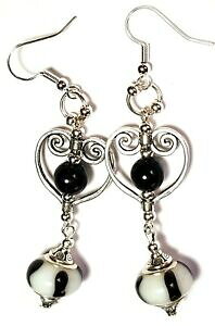 �y���������z�W���G���[�E�A�N�Z�T���[ �V���o�[�u���b�N�z���C�g�C���[�Y�p�[���K���X�n���M���O�n�[�g�y���Ztres longue argent noir blanc oreilles verre perle goutte pendantes coeur perce