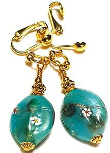 yzWG[EANZT[ NbvOy_gp[OXhbvOS[f^[RCY~tBI[long dore turquoise millefiori avec clip boucles pendants gouttes verre per