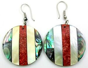 yzWG[EANZT[ i`pEAArVFbhR[}U[Iup[_OhbvCOnatural paua abalone shell red coral mother of pearl dangle drop earrings f