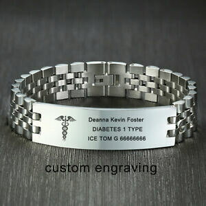 �y���������z�W���G���[�E�A�N�Z�T���[ �A���[�g�����u���X���b�g�`�F�[���p�[�\�i���C�Y�X�e�����X�X�`�[��medical alert id ice silver men bracelet chain free personalized stainless steel