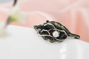 yzWG[EANZT[ Vo[u[`O[V[gpFXgXbhp[zCgA[k[{[broche argente feuille email vert pave strass rouge perle blanc art nouveau xz10