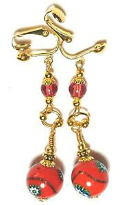 yzWG[EANZT[ OS[fIWNbvC[~tBI[OXp[t[gVbNWvV[long dore orange avec clip oreille millefiori verre fleur perle