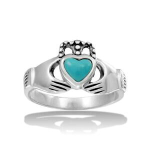 yzWG[EANZT[ Vo[X^[Ogbv|N_O^[RCYn[gargent sterling haut poli bague claddagh avec turquoise coeur