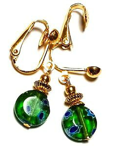 yzWG[EANZT[ ~tBI[O[V[gS[hNbvC[Yp[OXhbvy_gVbNcourt or vert millefiori avec clip oreilles verre perle goutte pen