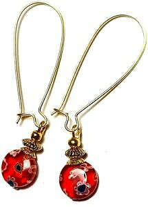 yzWG[EANZT[ ~tBI[KXnMOyZtres longue rouge or millefiori oreilles verre perle goutte pendantes perce