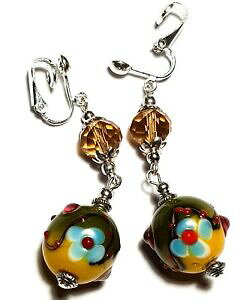 �y���������z�W���G���[�E�A�N�Z�T���[ �����O�V���o�[�C�G���[�O���[���N���b�v�C���[�Y�p�[���O���X�n���M���Olongue argent vert jaune avec clip oreilles verre perle goutte pendantes artisan