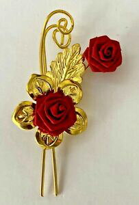 �y���������z�W���G���[�E�A�N�Z�T���[ �S�[���h���[�Y���b�h�S�[���hbroche vintage rose rouge et dore 7,2cm etat neuf