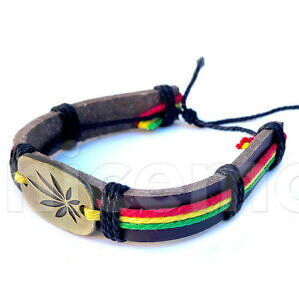 yzWG[EANZT[ X^U[JtJin[u[tGuuXbg{uQGrasta cuir poignet manchette canna herbe feuille embleme bracelet bob reggae