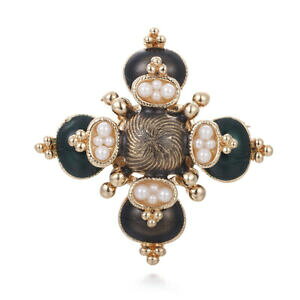 �y���������z�W���G���[�E�A�N�Z�T���[ �S�[���f���u���[�`�A�[���f�R�t���[�����N���[�o�[�O���[���~�j�p�[��broche dore art deco floral trefle crois email vert mini perle 1950s xz15