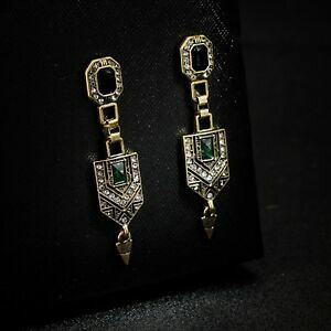 yzWG[EANZT[ S[fCOXgXO[G[hgCAOy_eA[fRgboucles doreilles dore strass vert emerauld triangle pendante art dec