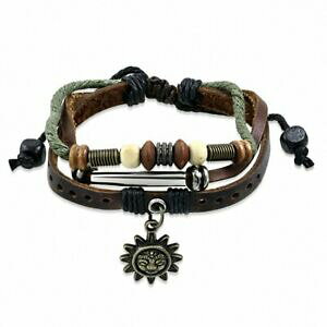 �y���������z�W���G���[�E�A�N�Z�T���[ �X�g���b�vbracelet ajustable en cuir marron avec breloque fantaisie ensoleillee en forme d