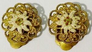 yzWG[EANZT[ CONbvBe[WWG[XGix[WGiS[hJ[boucles doreilles clips bijou vintage dentelle email beige couleur or * 5137