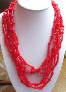 �y���������z�W���G���[�E�A�N�Z�T���[ �r���e�[�W�l�b�N���X�`���[�u�r�[�Ycollier bijou vintage 7 rangs de perles tube resine rouge vif fermoir cache 1704