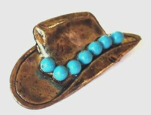 yzWG[EANZT[ Be[Wu[`S[hbroche bijou vintage couleur or chapeau cow boy relief deco perle bleu 3470