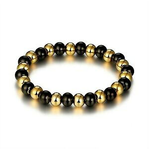 【送料無料】ジュエリー・アクセサリー ステンレススチールブレスレットbracelet pour femme en perles et acier inoxydable dore et noir extensible