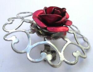 �y���������z�W���G���[�E�A�N�Z�T���[ ���B���e�[�W�u���[�`���E���h�s���N�I�[�v�����b�h�G�i����bijou vintage broche couleur argent ronde ajouree rose email rouge 2008