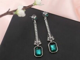 【送料無料】ジュエリー・アクセサリー イヤリングシルバーネイルグリーンクリスタルロングペンダントレトロboucles doreilles clou argente vert cristal rectangle longue pendante retro x11