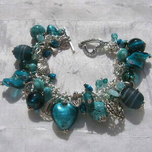 �y���������z�W���G���[�E�A�N�Z�T���[ �u���X���b�g�r�[�Y�K���X�`�F�[���`���[���g�O���n�[�g�I�u�^�[�R�C�Ybracelet perles verre breloques chaine 19cm fermoir toggle c?ur de turquoise